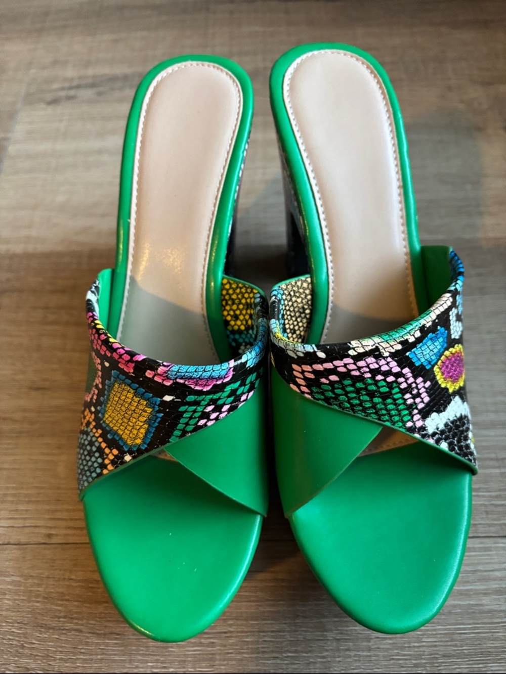 Green Block Heel Slide Sandals with Multicolor Snake-Print Strap Size 40